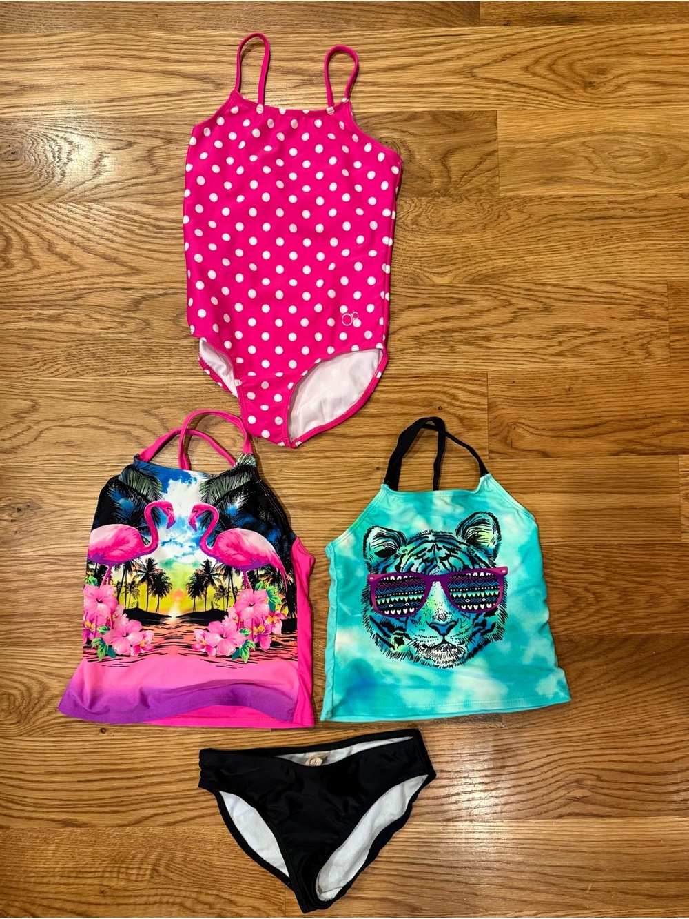 Girls 6/6x Mixed Swimsuit Set - Pink Polka Dot, Tropical Tankini & Tiger Tank